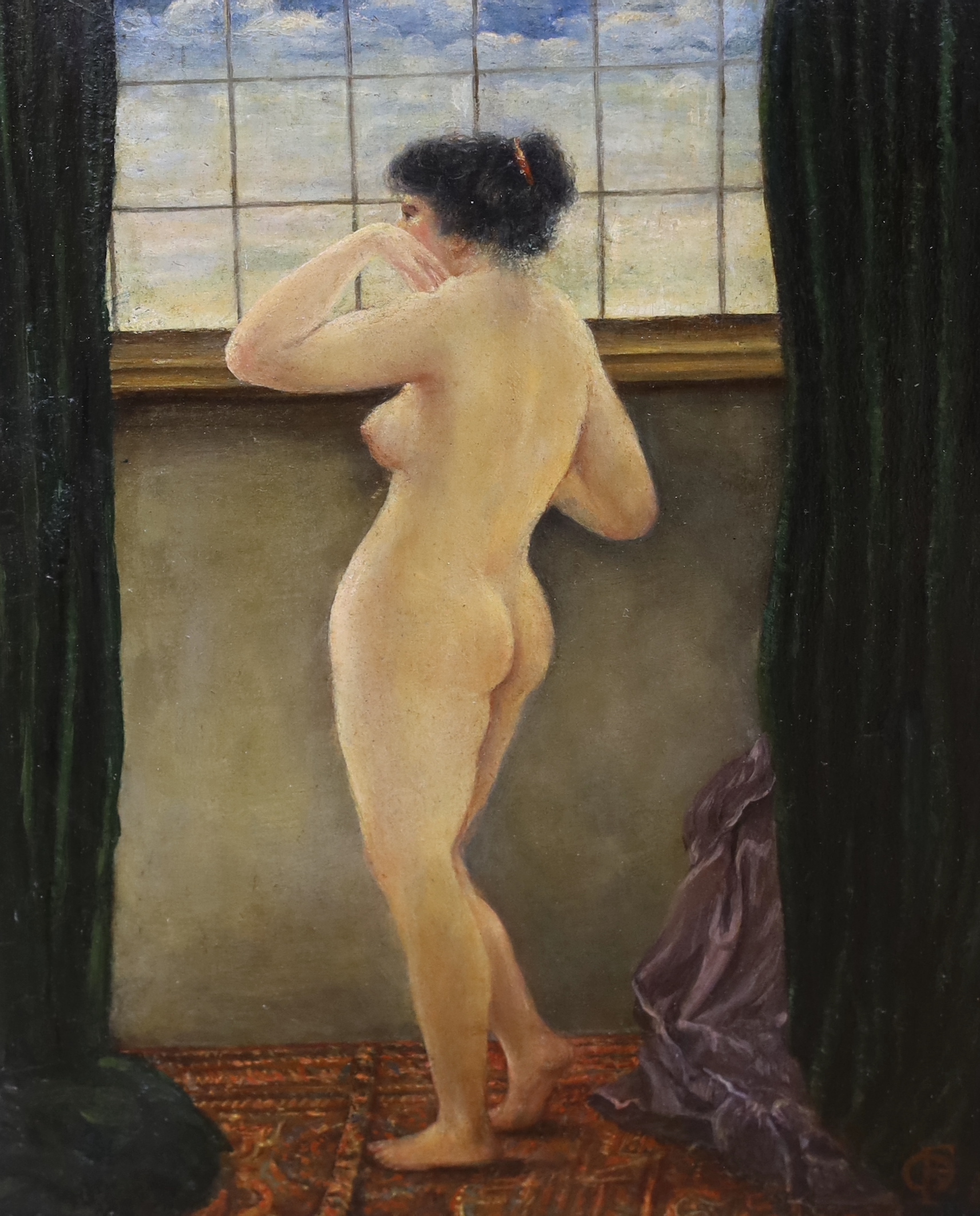 Manner of Frederick Goodall, oil on board, nude woman at a window, indistinctly monogrammed possibly OF, 21 x 17cm